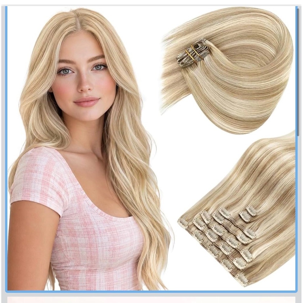 Sunny Hair Clip in Human Hair Extensions Dark Golden Blonde Highlights 18 Inch